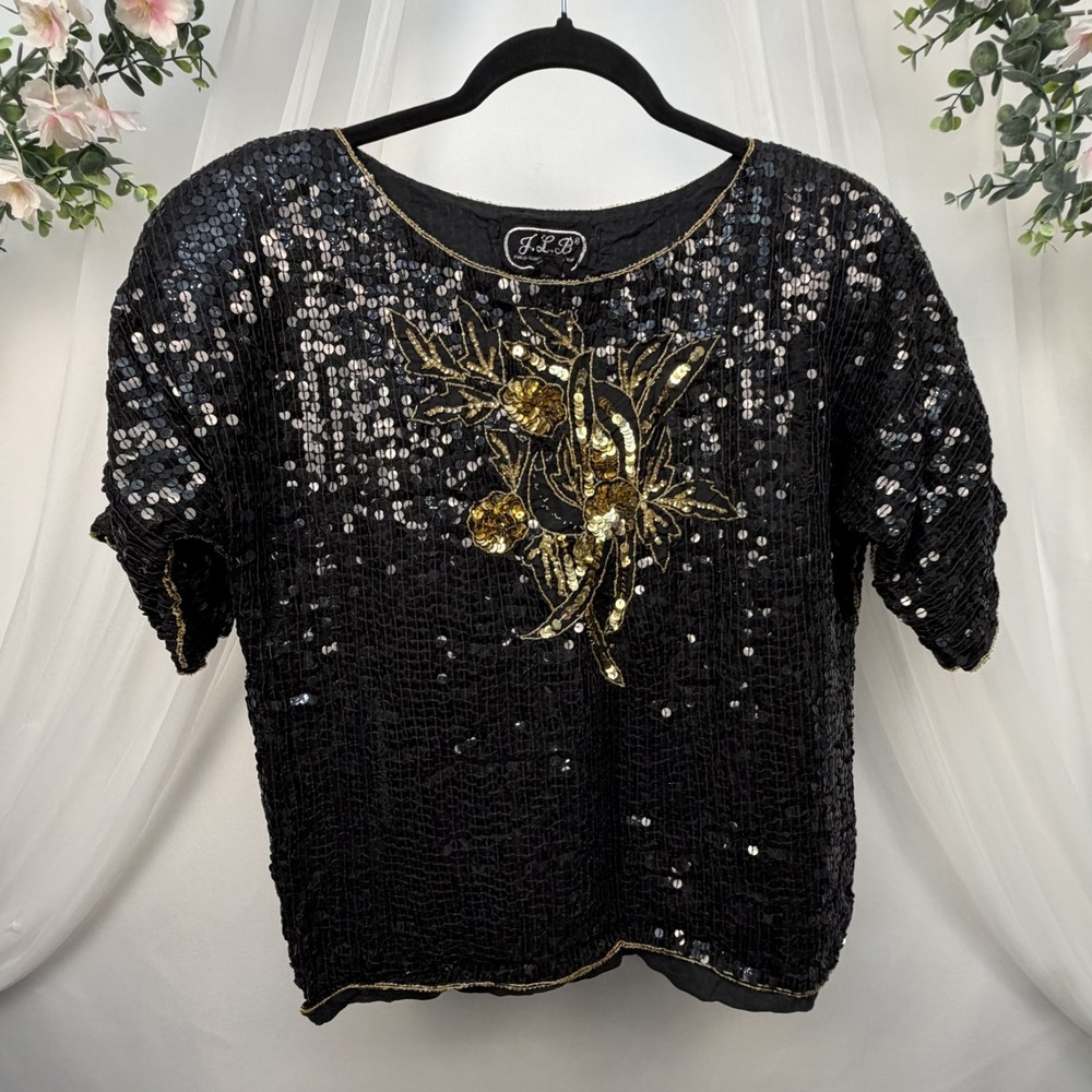 Vtg J.L.B. Joseph Le Bon '70s Sequin Silk Floral Short Sleeve Top Blouse M